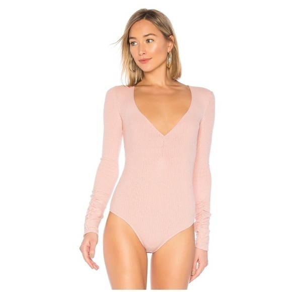 Free People Pink Cozy up with me long sleeves V-neck bodysuit size L=12-14 - Picture 4 of 15